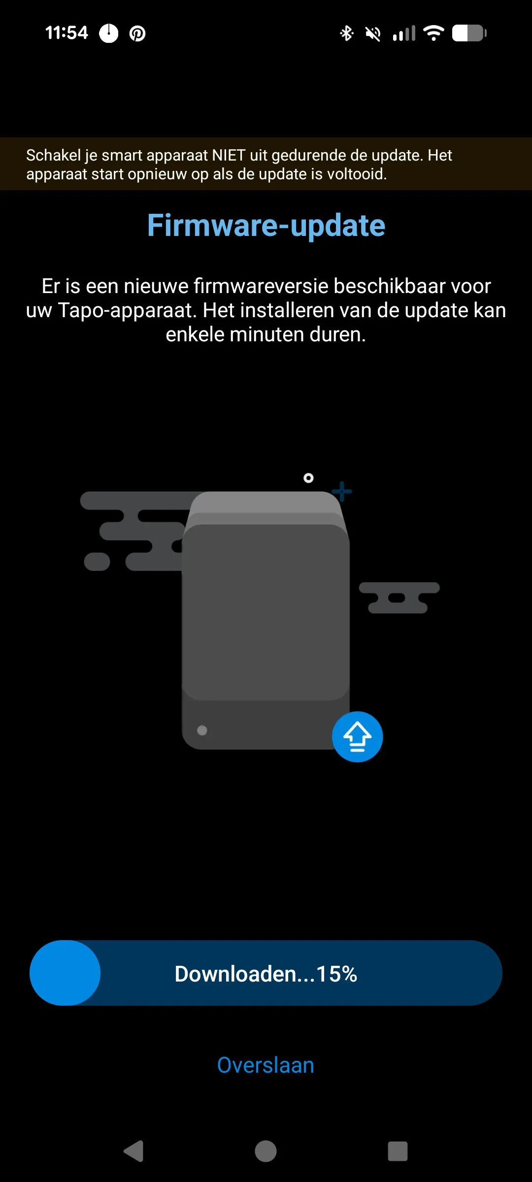 Tapo app firmware-update scherm tijdens eerste setup