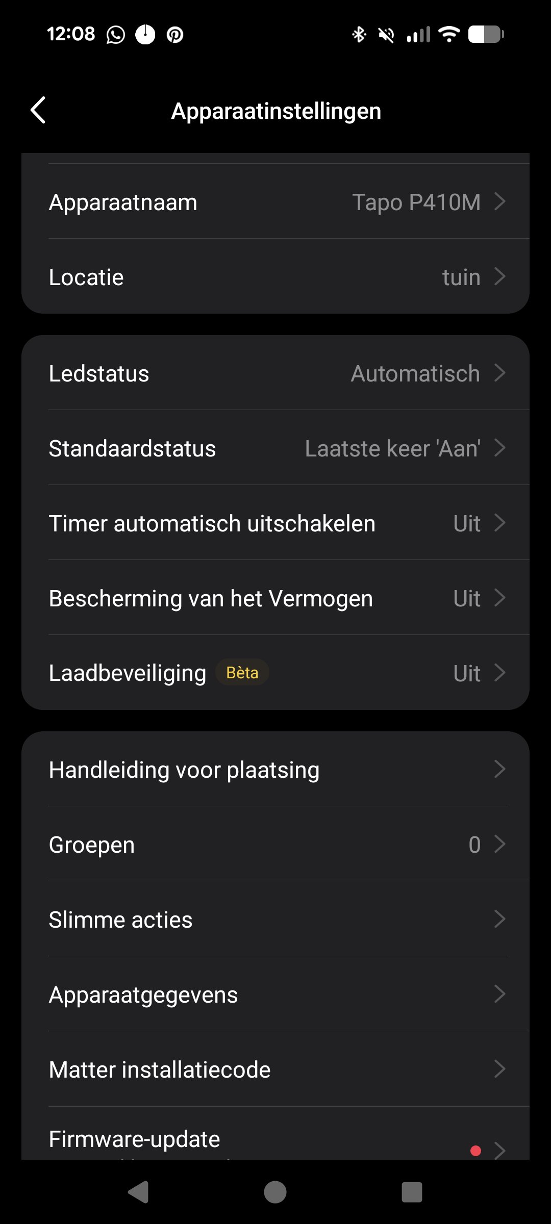 Tapo P410M apparaatinstellingen met Matter installatiecode en firmware-update