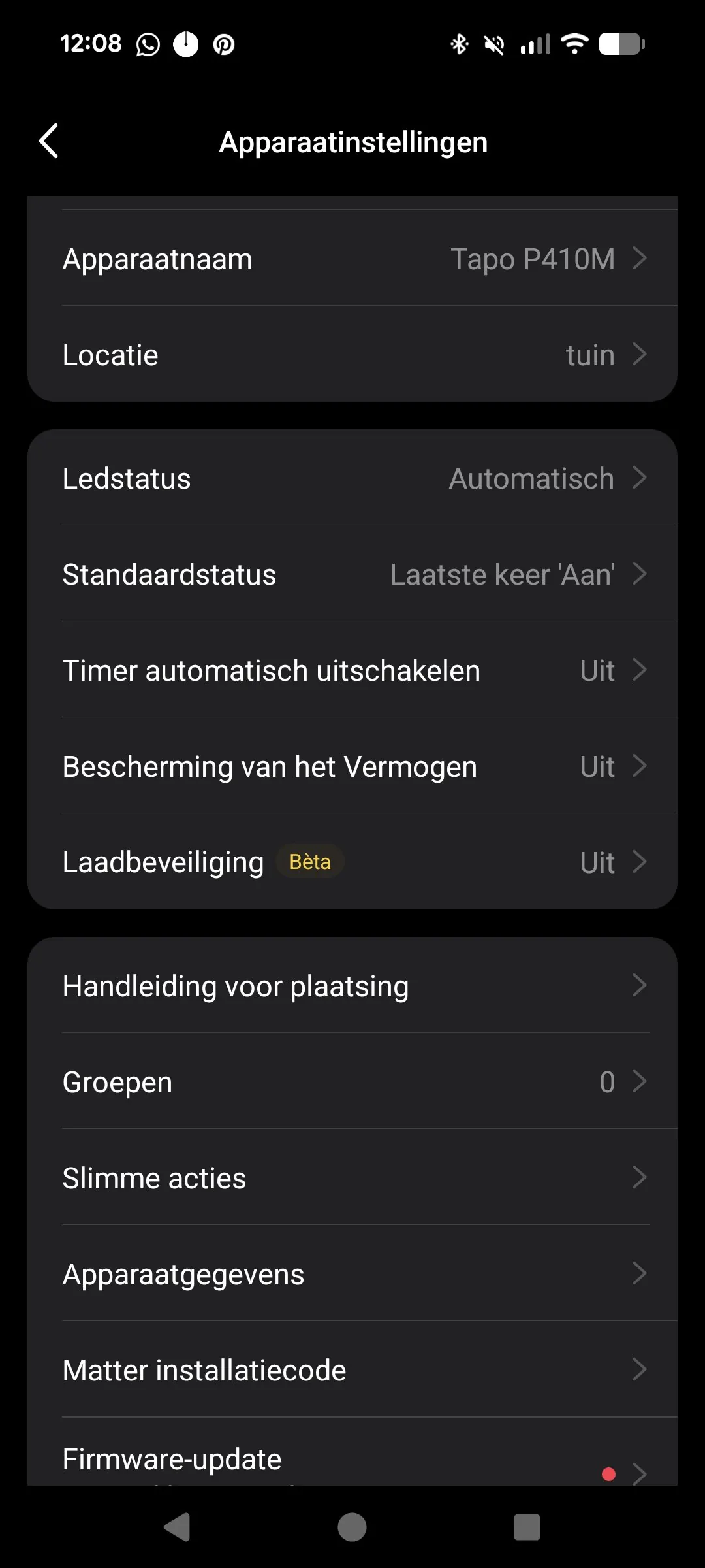 Tapo P410M apparaatinstellingen met Matter installatiecode en firmware-update