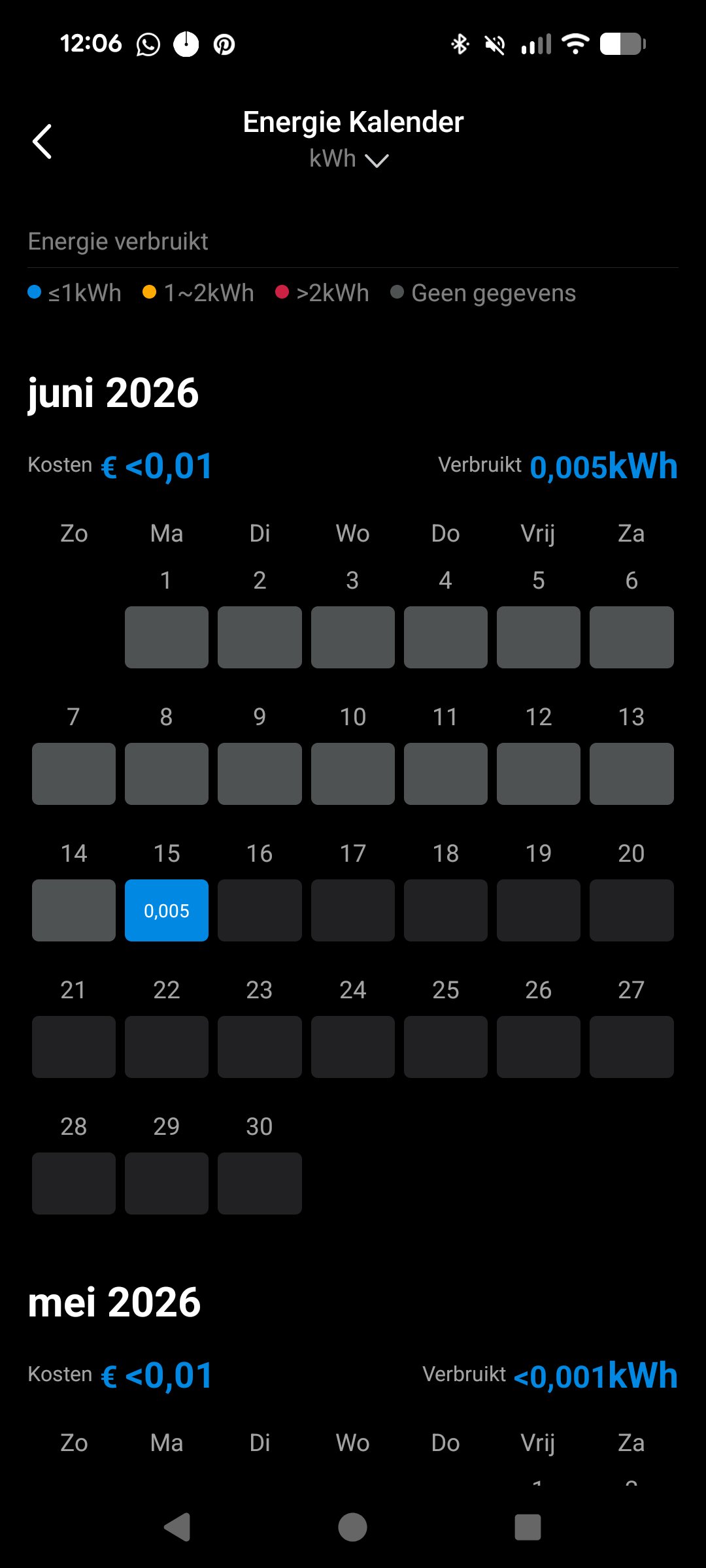 Tapo app Energie Kalender juni 2026 met dagelijks verbruik P410M