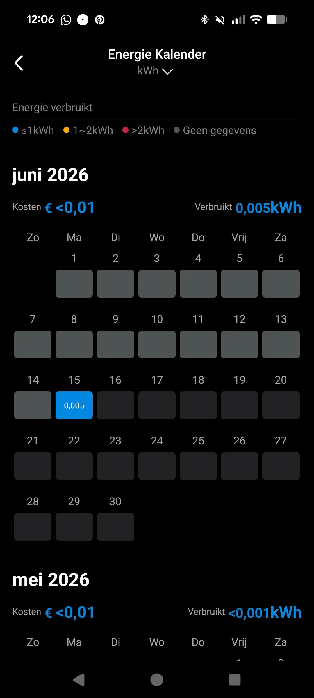 Tapo app Energie Kalender juni 2026 met dagelijks verbruik P410M