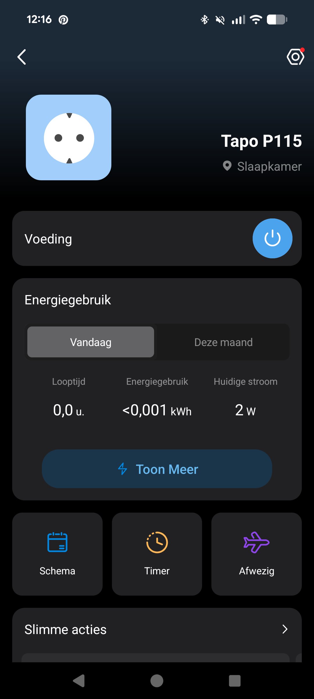 Tapo P115 app scherm met energiegebruik en schakelaar