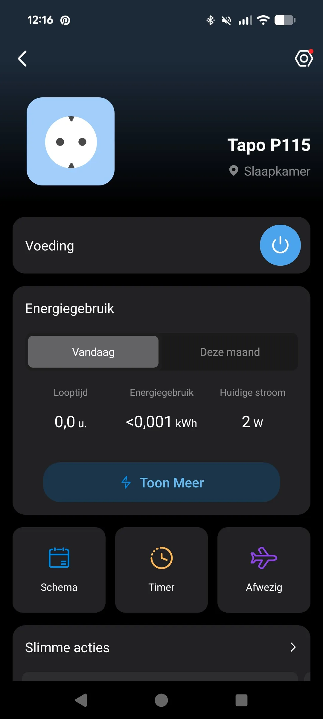 Tapo P115 app scherm met energiegebruik en schakelaar