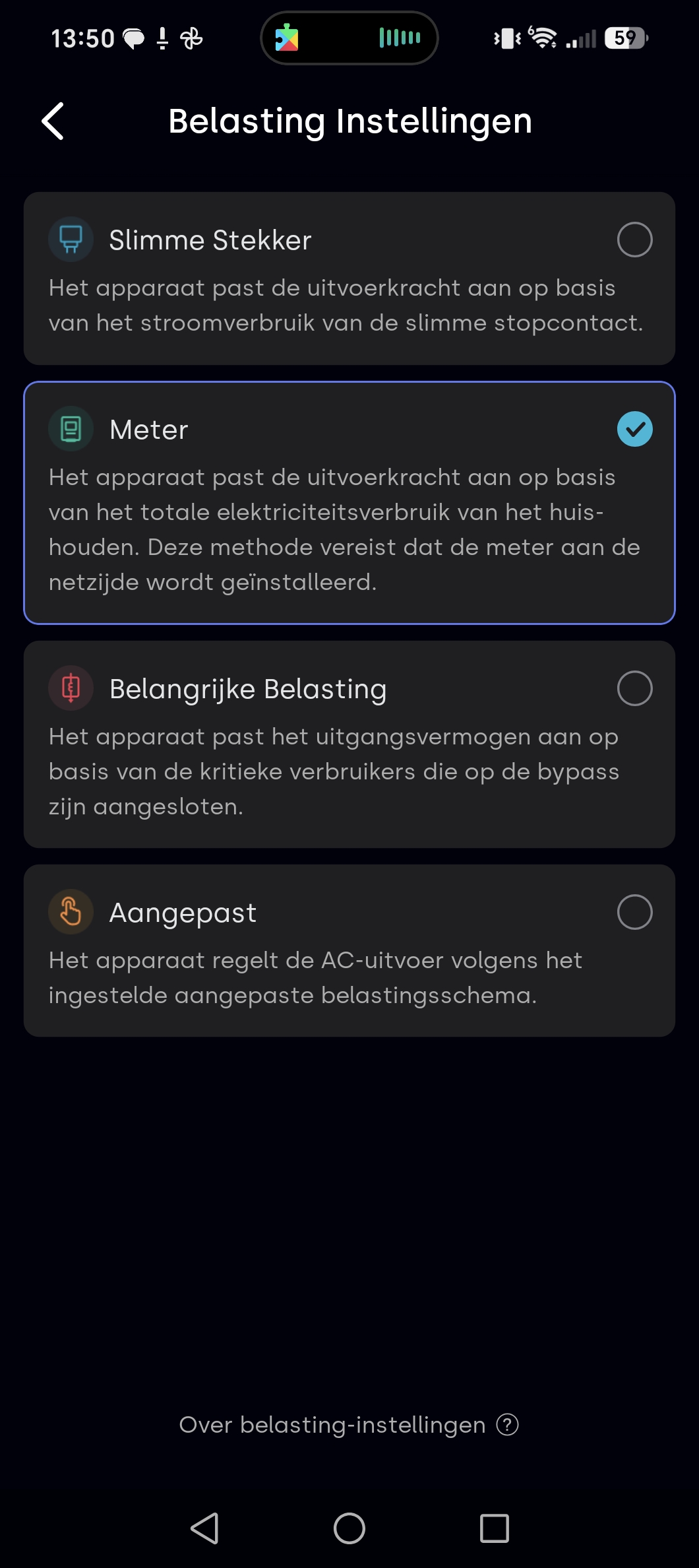 Belasting Instellingen scherm met de 4 opties