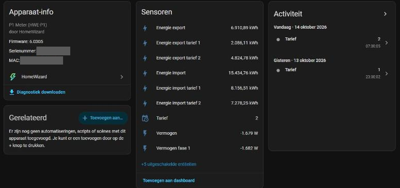 Home Assistant apparaatpagina van de HomeWizard P1 Meter met sensoren voor energie import, energie export, tarief en vermogen