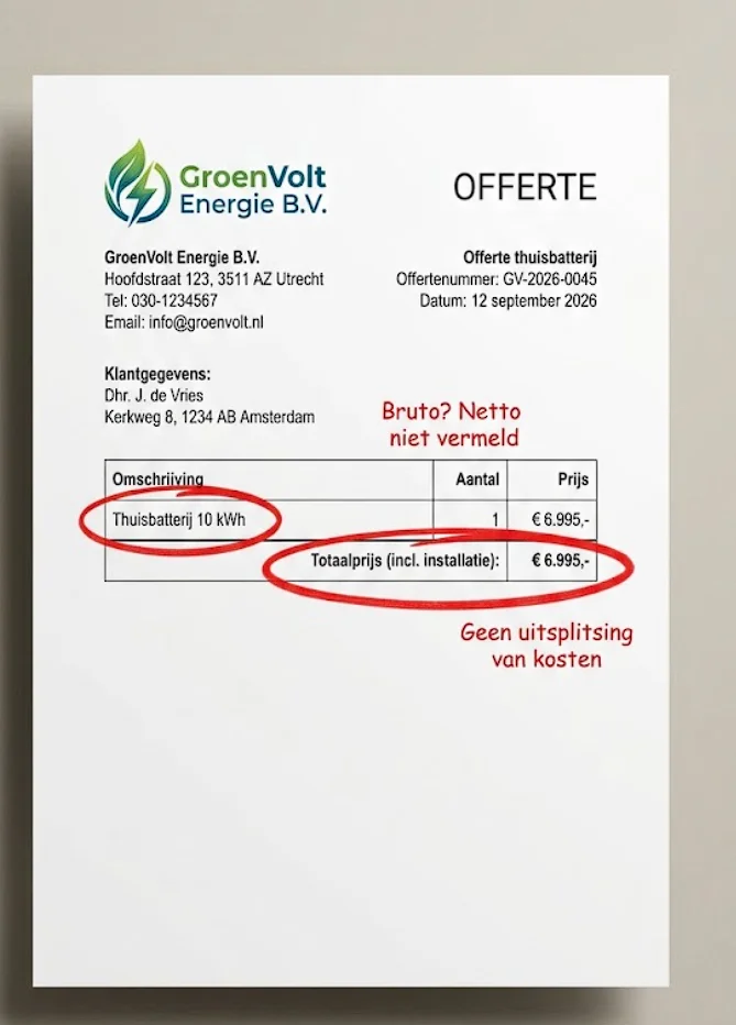Fictief voorbeeld van een thuisbatterij-offerte met rode markeringen bij de ontbrekende netto-capaciteit en kostenuitsplitsing