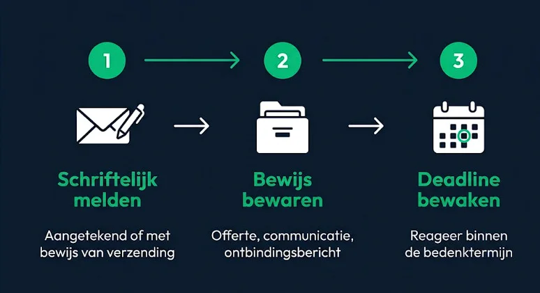 Stappenplan ontbinden thuisbatterij-koop: 1. schriftelijk melden, 2. bewijs bewaren, 3. deadline bewaken