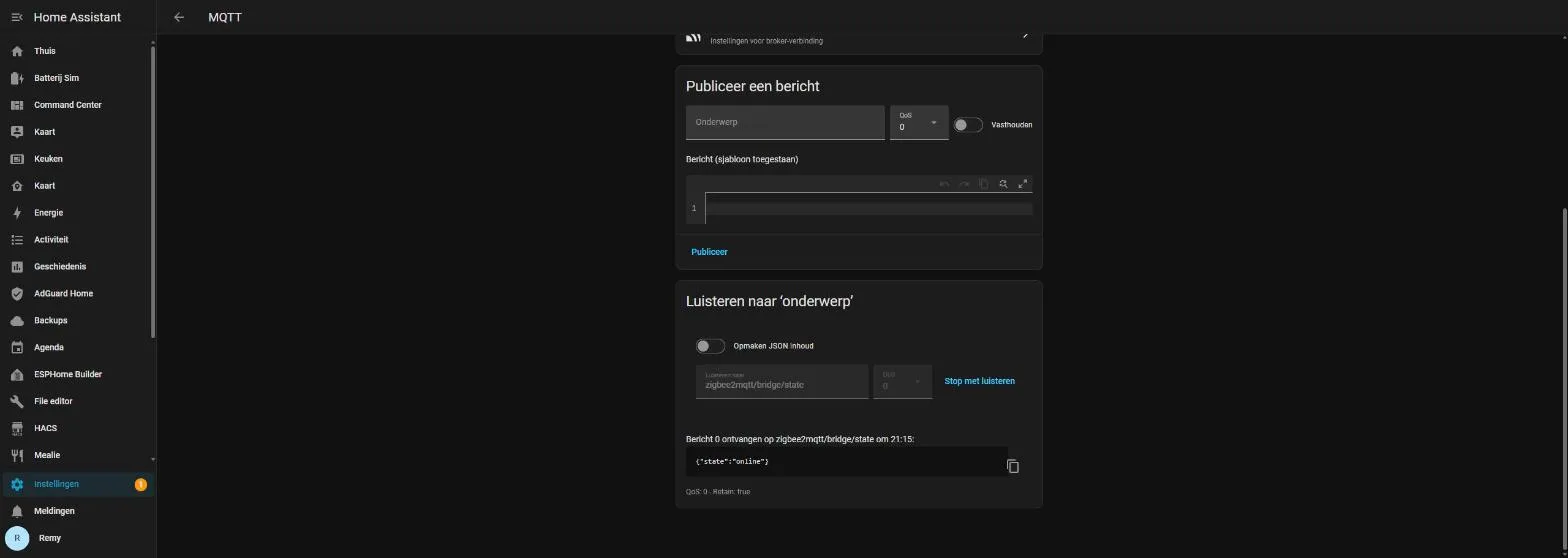 MQTT-luisterveld in Home Assistant op het topic zigbee2mqtt/bridge/state met het ontvangen bericht state: online