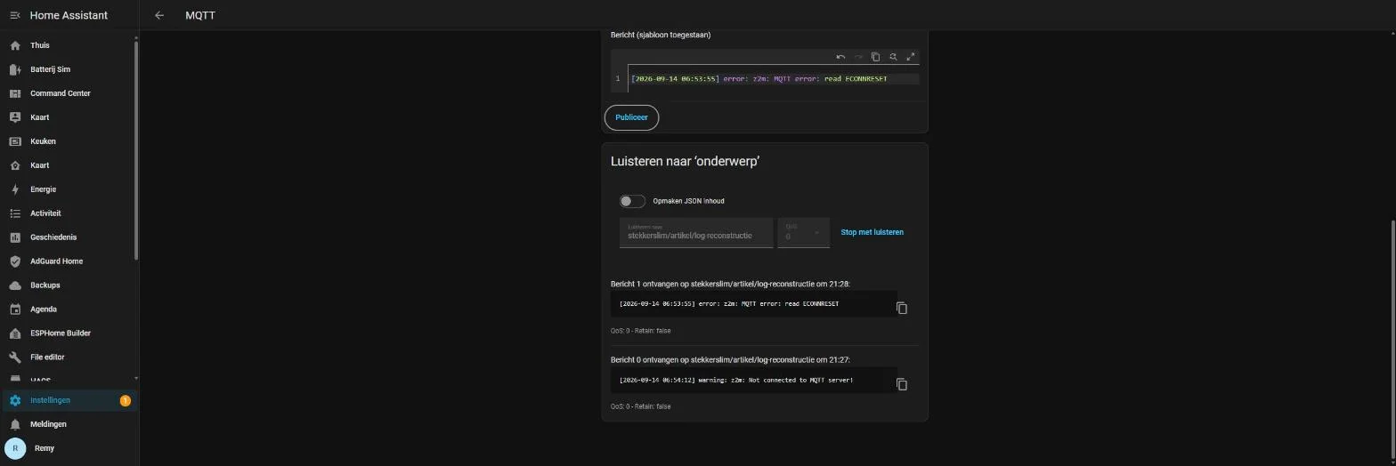 Logregels met tijdstempel: MQTT error read ECONNRESET en Not connected to MQTT server, gereconstrueerd uit het eigen logboek