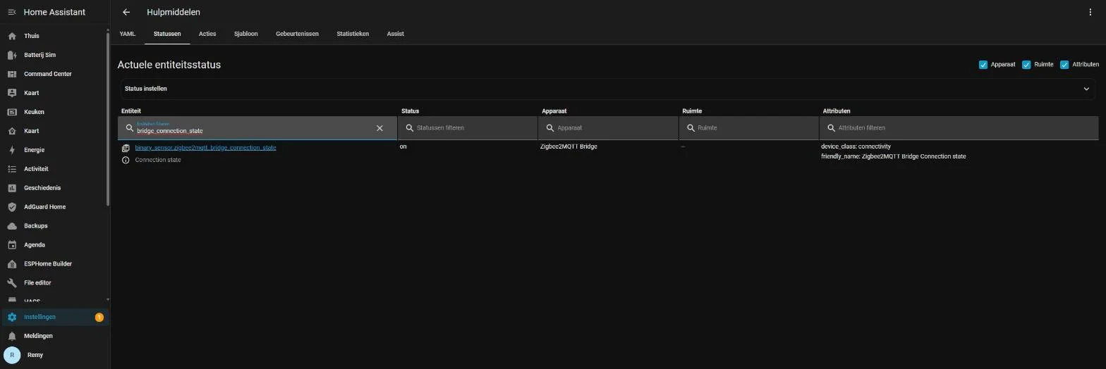 De entiteit binary_sensor.zigbee2mqtt_bridge_connection_state staat op 'on', terwijl Zigbee2MQTT op datzelfde moment geen verbinding met de broker had